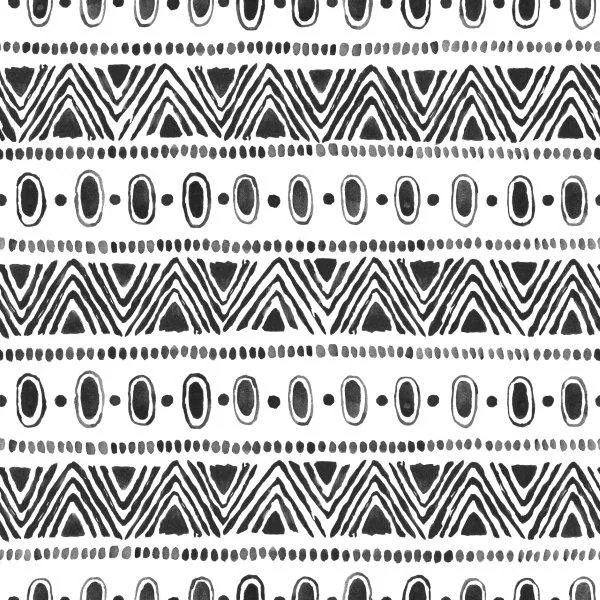 Black and white geometric tribal pattern with chevron stripes, ovals, and dotted horizontal bands repeating seamlessly.