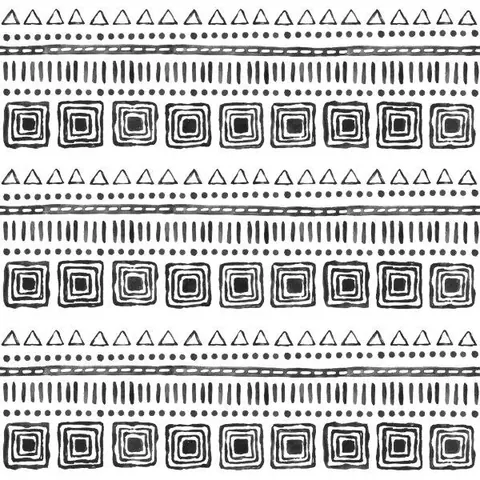 Repeating boho pattern with triangles, concentric squares, stripes and dots in black and white
