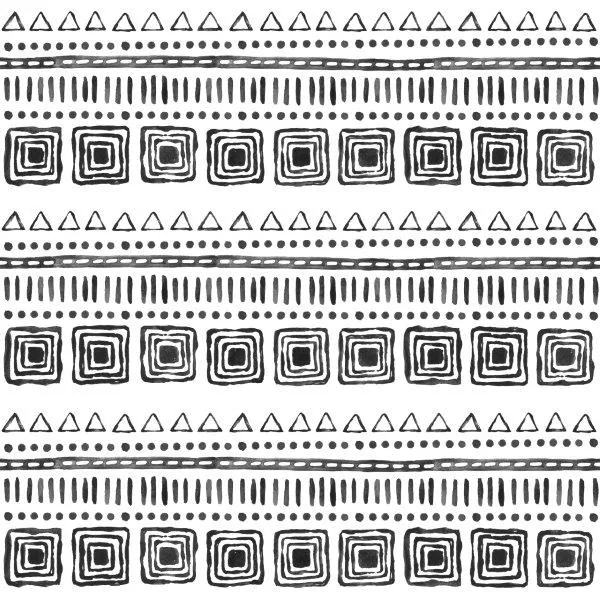 Repeating boho pattern with triangles, concentric squares, stripes and dots in black and white