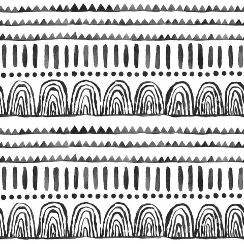 Repeating black and white tribal pattern with triangles, vertical dashes, dots, and concentric arches.