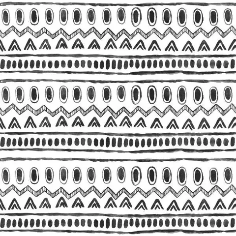 Black and white tribal geometric repeating pattern with ovals, chevrons, and dashed line bands