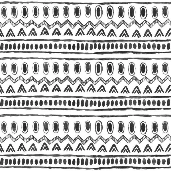 Black and white tribal geometric repeating pattern with ovals, chevrons, and dashed line bands