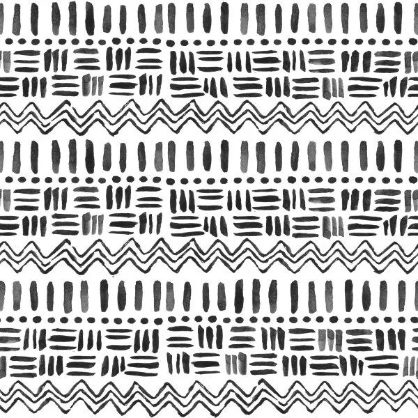 Black and white repeating geometric pattern with vertical stripes, dots, dashes, and wavy lines in bohemian style