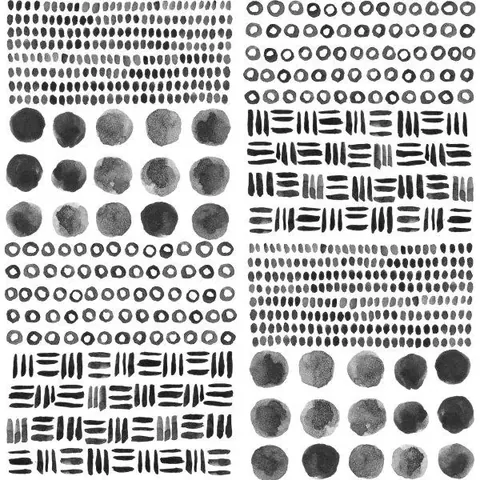Repeating boho pattern with circles, tribal lines, and dotted textures in black and gray tones