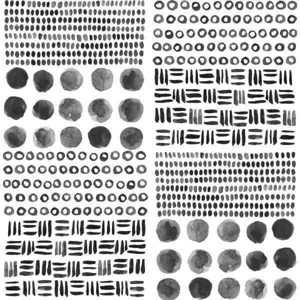 Repeating boho pattern with circles, tribal lines, and dotted textures in black and gray tones