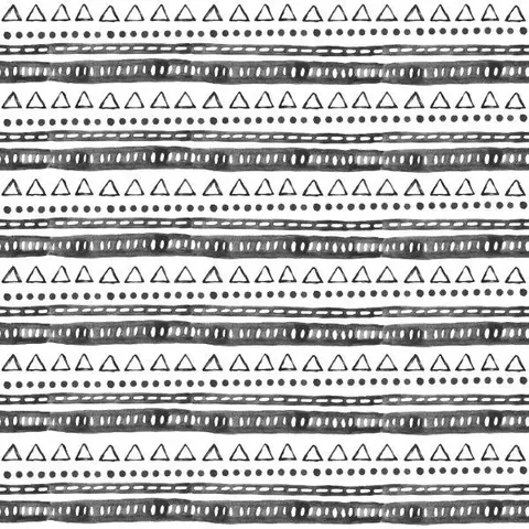 Repeating black and white tribal pattern with triangles, dots, and textured horizontal stripes