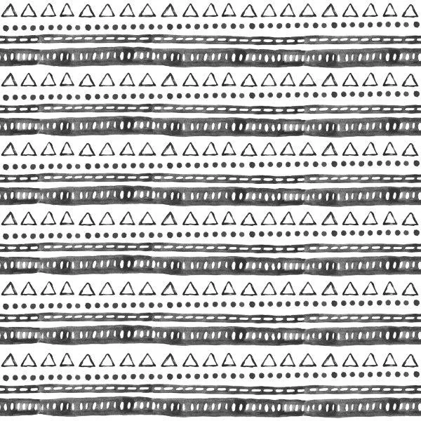 Repeating black and white tribal pattern with triangles, dots, and textured horizontal stripes