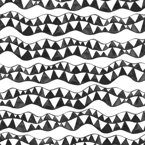 Repeating pattern of black and white geometric triangular mountains flowing in wavy horizontal bands.