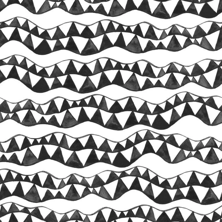 Repeating pattern of black and white geometric triangular mountains flowing in wavy horizontal bands.