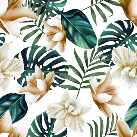 Repeating pattern of cream and gold orchids with dark teal monstera and palm leaves on white background