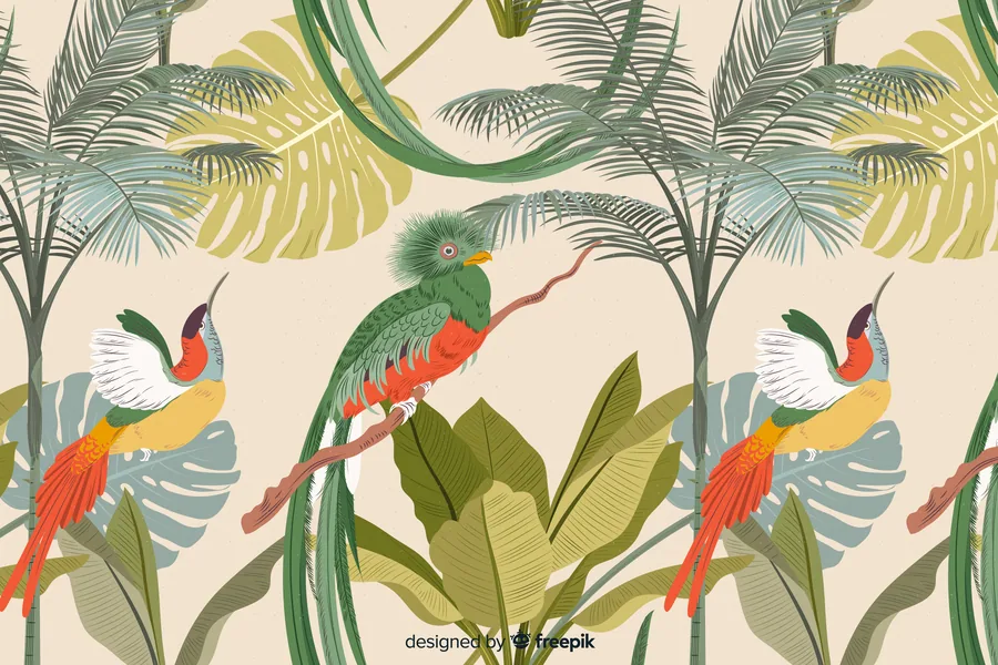 Colorful parrots with red, yellow and green plumage among tropical palm and monstera leaves on cream background.
