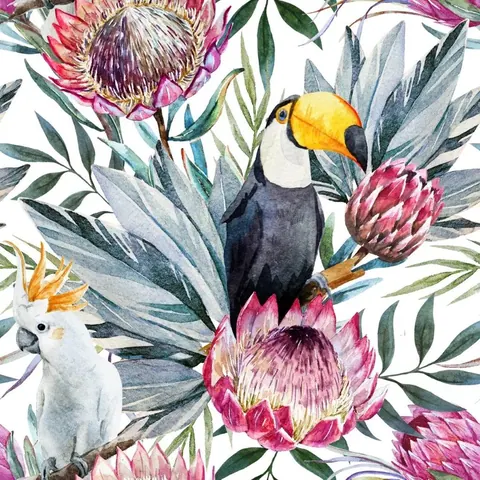 Watercolor botanical wallpaper with pink proteas, a toucan, white cockatoo, and gray-blue foliage on white background.