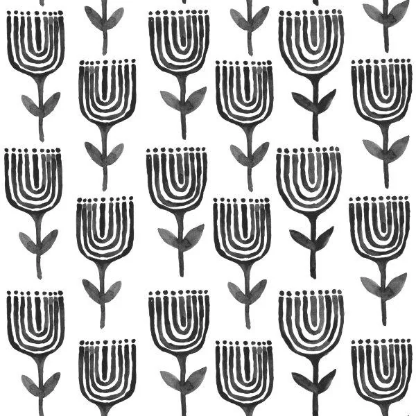 Repeating black and white botanical pattern with geometric tulips and linear details
