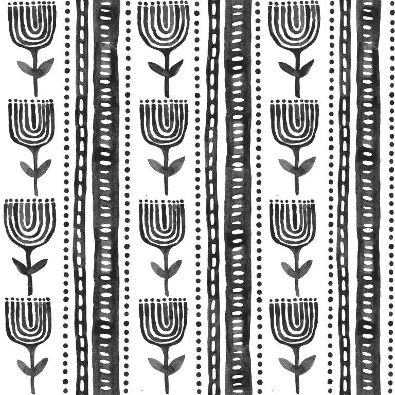 Black and white repeating pattern of geometric tulips with striped vertical bands and dotted borders