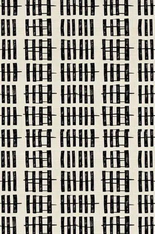 Repeating pattern of black vertical bars alternating with cream squares and grid-like rectangular windows