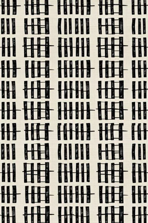 Repeating pattern of black vertical bars alternating with cream squares and grid-like rectangular windows