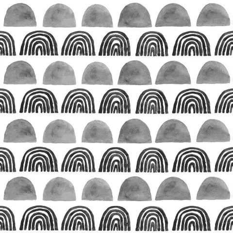 Repeating pattern of gray watercolor domes alternating with black and white striped rainbow arches
