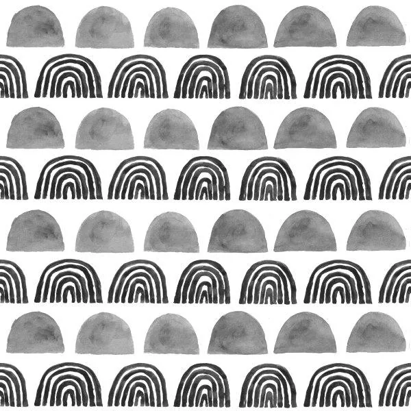 Repeating pattern of gray watercolor domes alternating with black and white striped rainbow arches