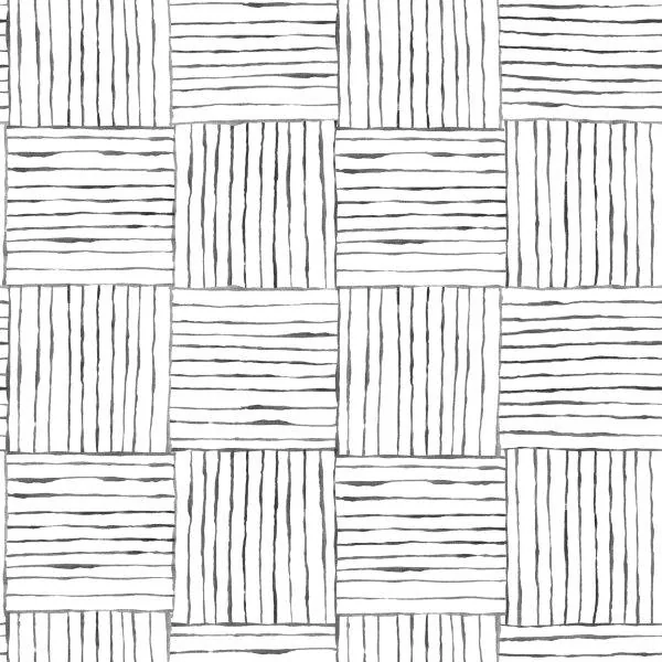 Repeating basketweave pattern with alternating vertical and horizontal wood grain lines in black and white.