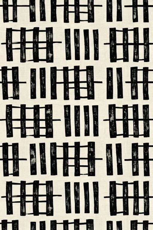 Repeating boho pattern of black hand-drawn grids and vertical stripes on cream background