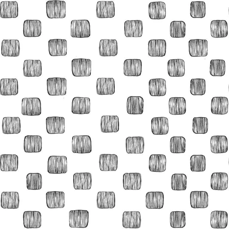 Repeating pattern of hand-sketched textured square tiles arranged in an offset grid on white background
