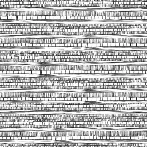 Repeating pattern of black and white horizontal woven lines and textile-inspired marks.