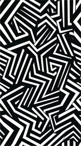 Black and white repeating geometric pattern of interlocking chevrons and striped angular shapes.