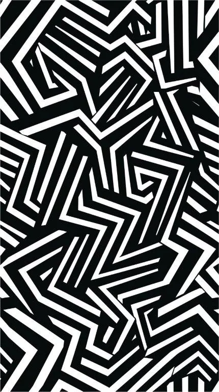 Black and white repeating geometric pattern of interlocking chevrons and striped angular shapes.