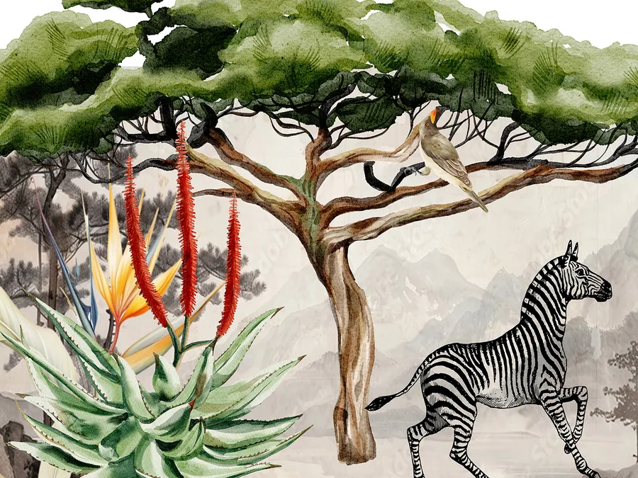 Watercolor illustration of acacia tree with zebra, red flowers, and bird in African savanna setting