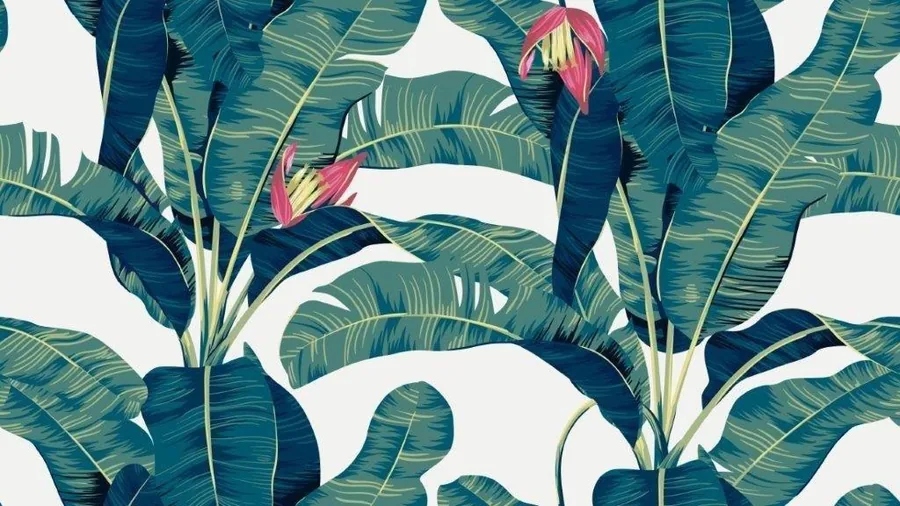 Repeating pattern of large tropical banana leaves in teal and green with pink flowering buds on white background