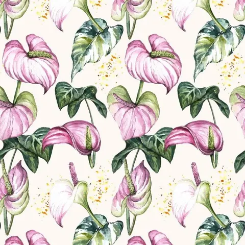 Repeating watercolor pattern of pink anthurium flowers with green leaves and golden speckles on cream background