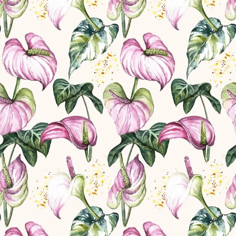 Repeating watercolor pattern of pink anthurium flowers with green leaves and golden speckles on cream background