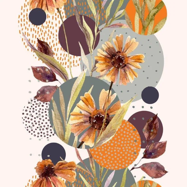 Watercolour daisies and leaves in orange and burgundy with geometric circles and dotted patterns on cream background