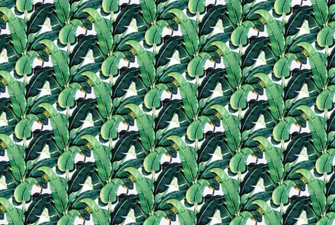 Repeating pattern of overlapping green and dark banana leaves with cream negative space on white background