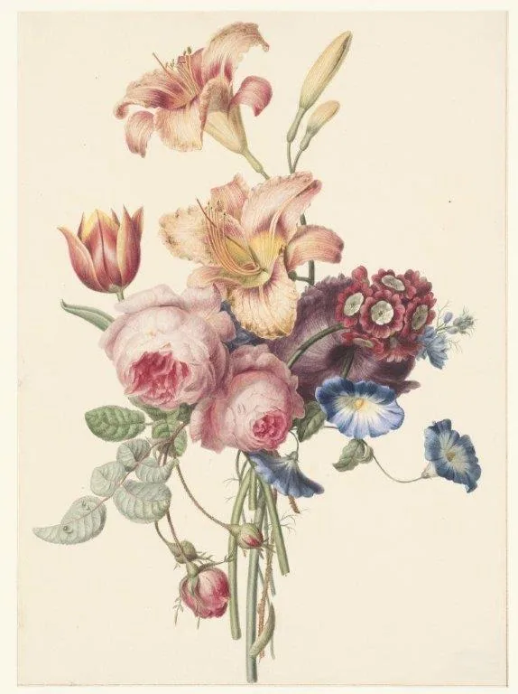 Watercolor botanical illustration of pink roses, iris flowers, and blue morning glories with green foliage on cream background
