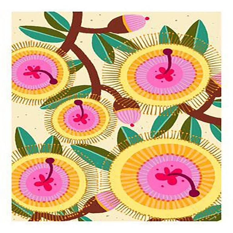 Repeating pattern of large yellow and pink sunflowers with teal leaves on cream background