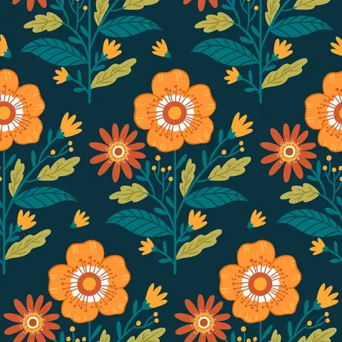 Repeating pattern of large orange flowers with white centers, smaller red flowers, yellow blossoms, and teal leafy stems on dark teal background.