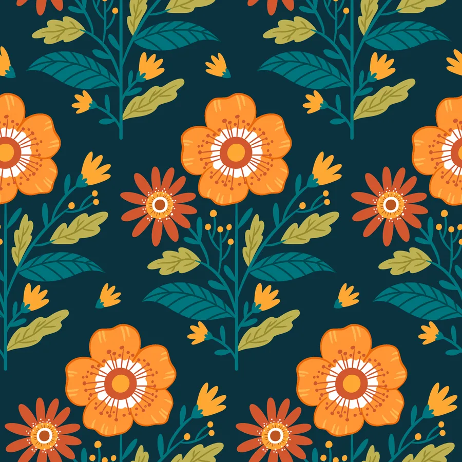 Repeating pattern of large orange flowers with white centers, smaller red flowers, yellow blossoms, and teal leafy stems on dark teal background.