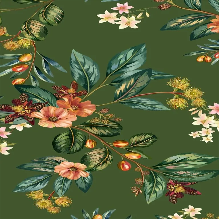 Repeating botanical wallpaper pattern with coral flowers, yellow blooms, and green leaves on sage background