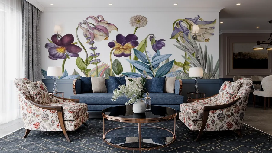 Botanical wallpaper shown on a wall in a styled room
