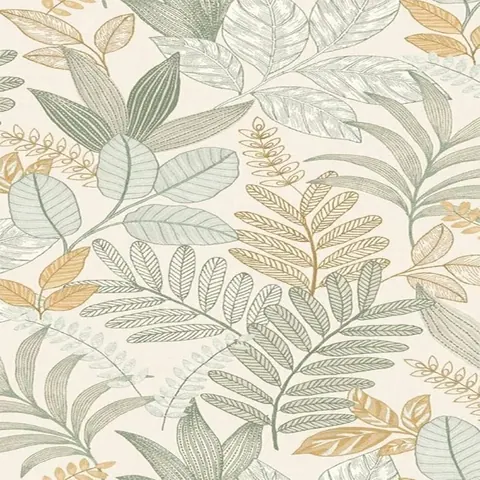 Botanical wallpaper pattern with hand-drawn ferns, leaves and botanical elements in green and gold on cream background