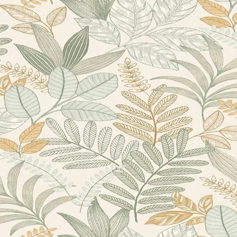 Botanical wallpaper pattern with hand-drawn ferns, leaves and botanical elements in green and gold on cream background