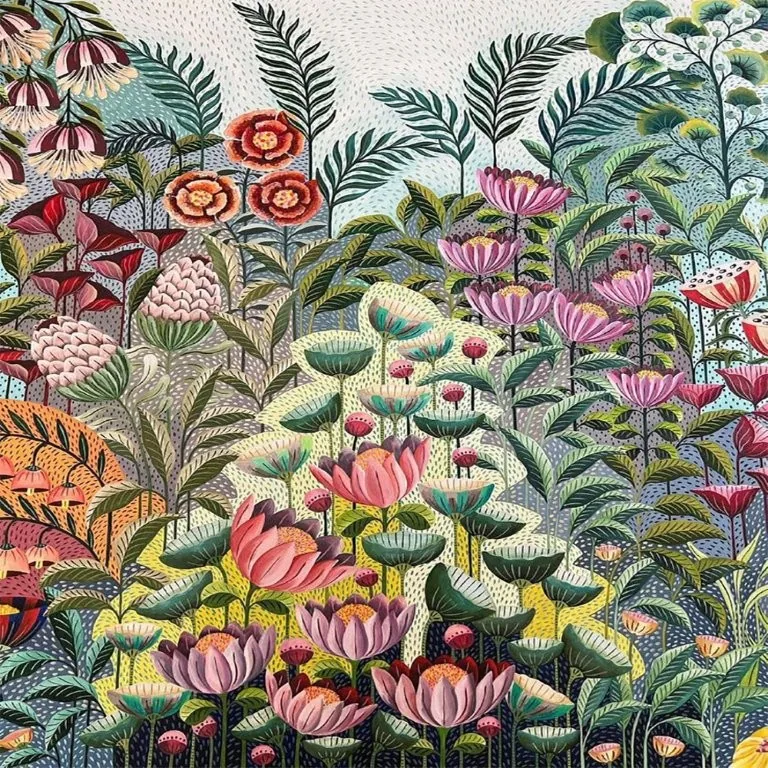 Detailed botanical illustration with pink, orange, and red flowers among green ferns and leafy stems on a textured cream background.