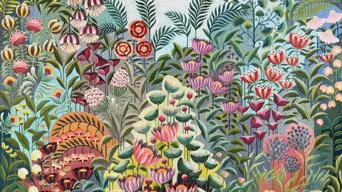 Detailed botanical wallpaper featuring colorful illustrated flowers, leaves, and garden plants in warm and cool tones.