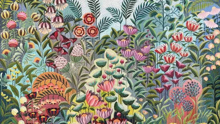 Detailed botanical wallpaper featuring colorful illustrated flowers, leaves, and garden plants in warm and cool tones.