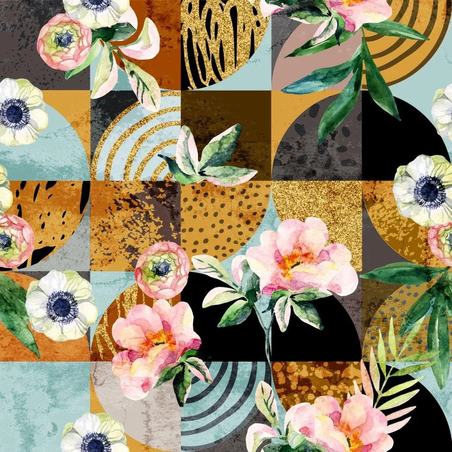 Repeating pattern of pink and white flowers with green leaves arranged over colorful geometric squares featuring gold patterns and textured backgrounds.