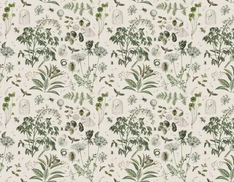 Repeating pattern of botanical illustrations including ferns, flowering plants, and botanical specimens in green tones on cream background