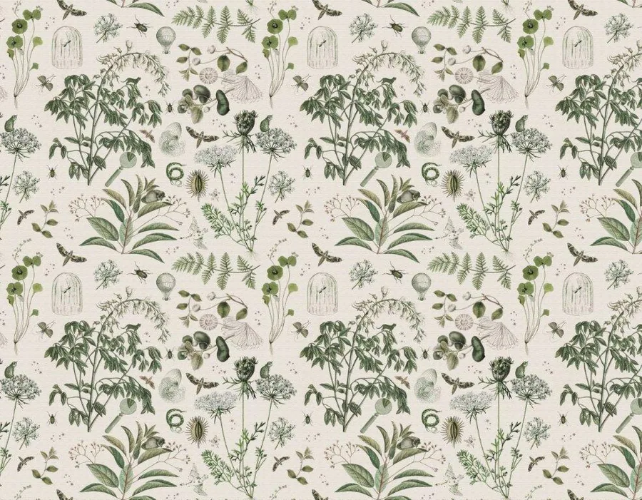 Repeating pattern of botanical illustrations including ferns, flowering plants, and botanical specimens in green tones on cream background
