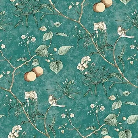 Repeating botanical pattern with white flowers, green leaves, branches, and peach fruits on teal background