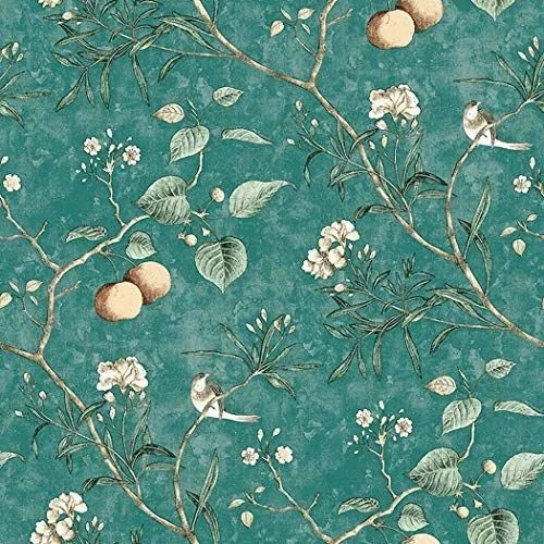 Repeating botanical pattern with white flowers, green leaves, branches, and peach fruits on teal background